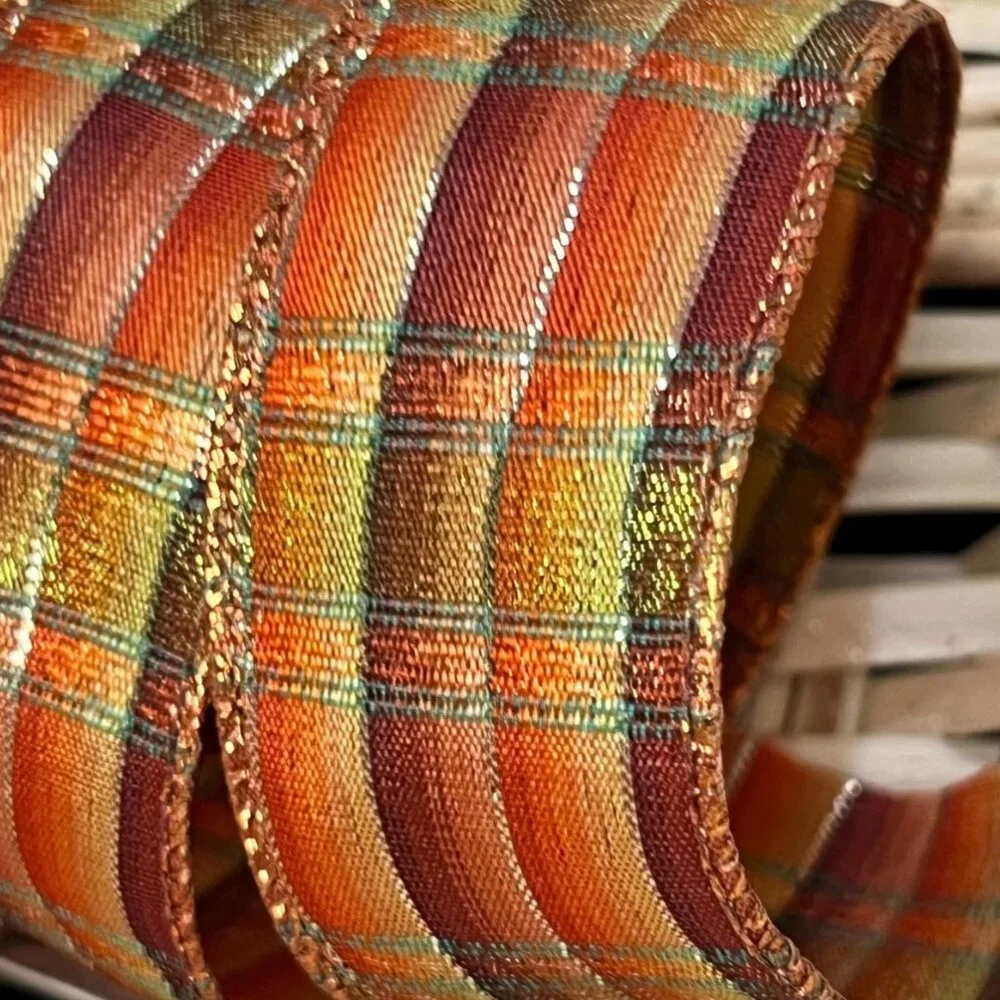 Metallic Orange Plaid Wired Edge Fall Theme Ribbon 1 1/2 in Craft Supplies